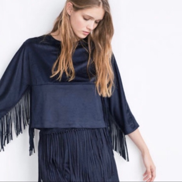 Zara Tops - Zara Trafaluc Blue Suede Look Fringed Crop Top